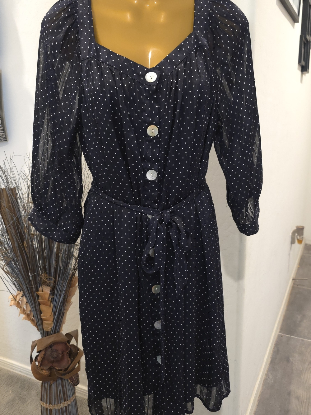 Fig and Flower Polka Dot Button-Down Dress Underlining Dress Sz PL Waist Tie